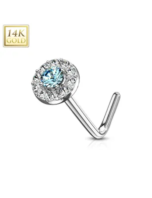 Piercing nez Or blanc 14 carats tige L rond gemme turquoise