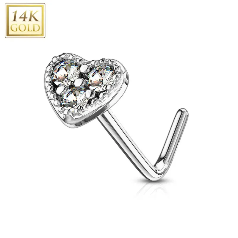 Piercing nez Or blanc 14 carats tige L coeur trois strass blancs