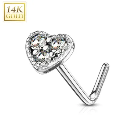 Piercing nez Or blanc 14 carats tige L coeur trois strass blancs