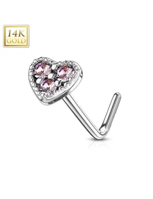 Piercing nez Or blanc 14 carats tige L coeur trois strass roses