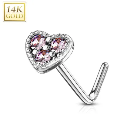 Piercing nez Or blanc 14 carats tige L coeur trois strass roses