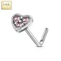 Piercing nez Or blanc 14 carats tige L coeur trois strass roses