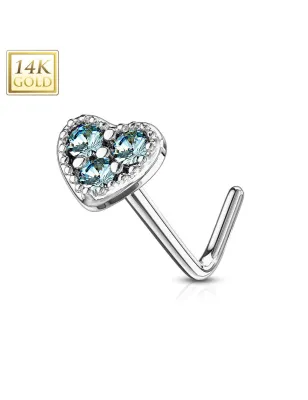 Piercing nez Or blanc 14 carats tige L coeur trois strass turquoises