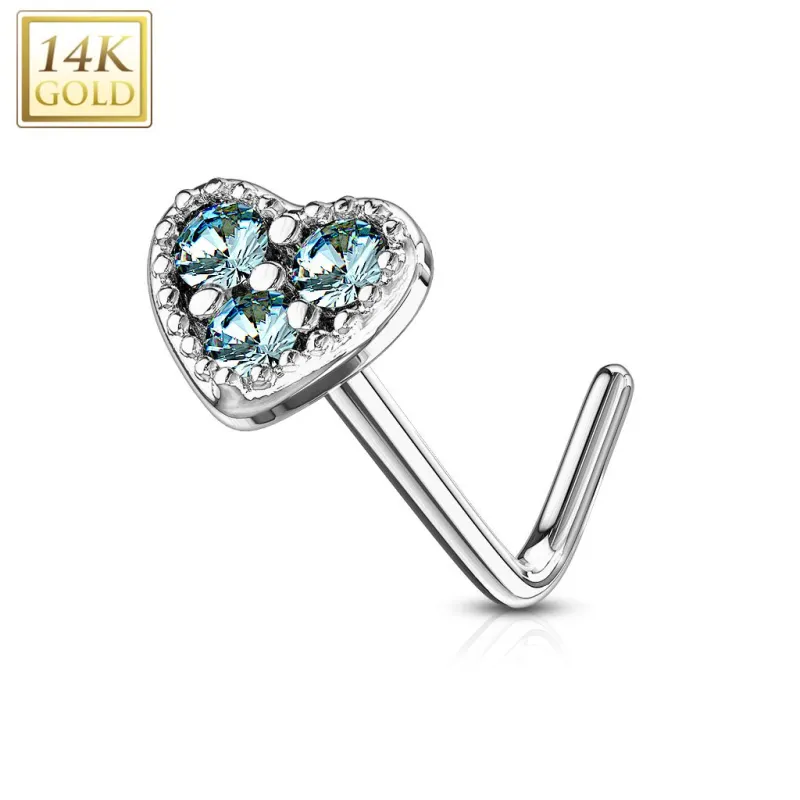 Piercing nez Or blanc 14 carats tige L coeur trois strass turquoises