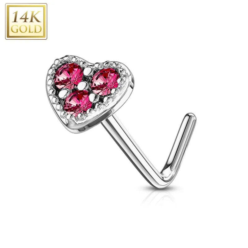 Piercing nez Or blanc 14 carats tige L coeur trois strass rouges