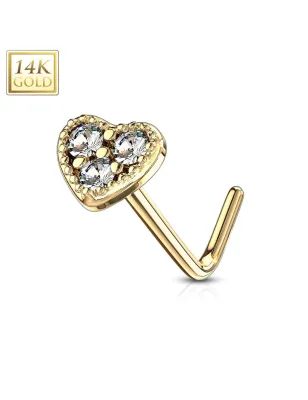 Piercing nez Or jaune 14 carats tige L coeur trois strass blancs
