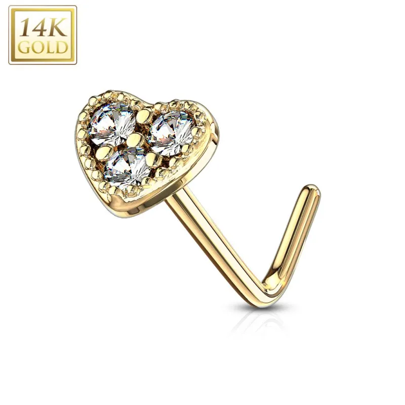 Piercing nez Or jaune 14 carats tige L coeur trois strass blancs