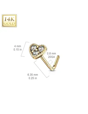 Piercing nez Or jaune 14 carats tige L coeur trois strass blancs