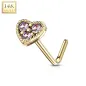 Piercing nez Or jaune 14 carats tige L coeur trois strass roses