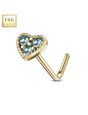 Piercing nez Or jaune 14 carats tige L coeur trois strass turquoise