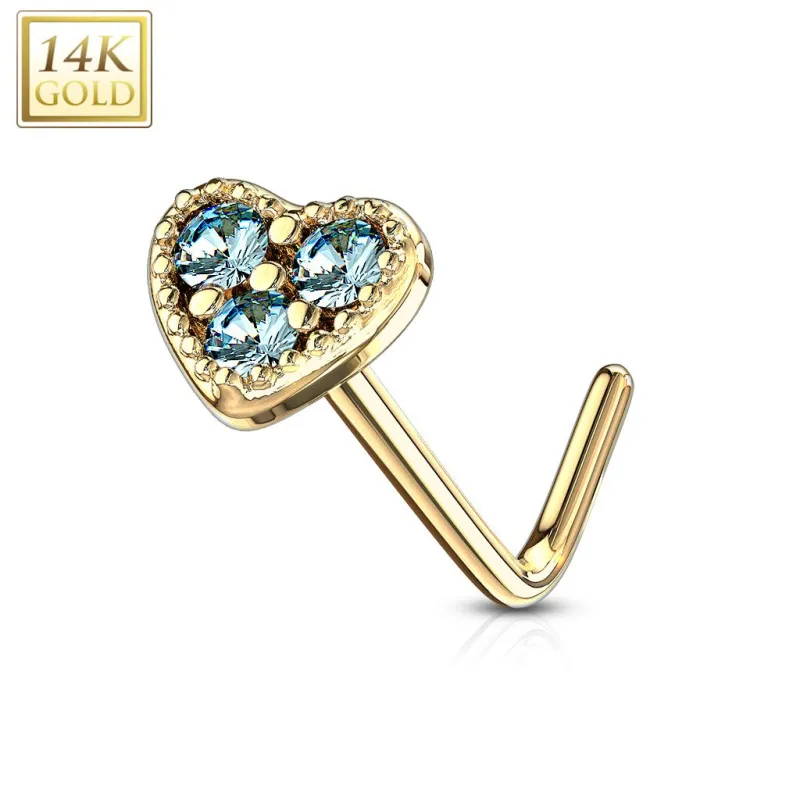 Piercing nez Or jaune 14 carats tige L coeur trois strass turquoise