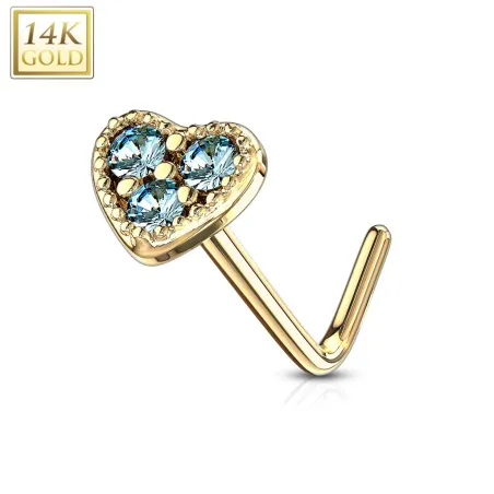 Piercing nez Or jaune 14 carats tige L coeur trois strass turquoise