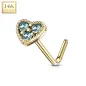 Piercing nez Or jaune 14 carats tige L coeur trois strass turquoise