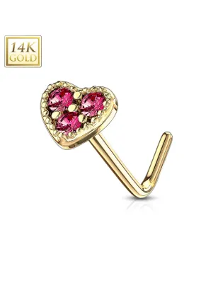 Piercing nez Or jaune 14 carats tige L coeur trois strass rouges