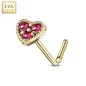 Piercing nez Or jaune 14 carats tige L coeur trois strass rouges