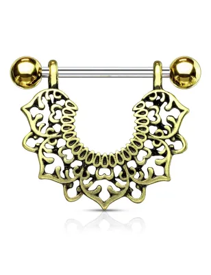 Piercing téton plaqué or pendentif fleurs filigrane