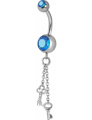 Piercing nombril Crystal Swarovski chaine clefs bleu clair