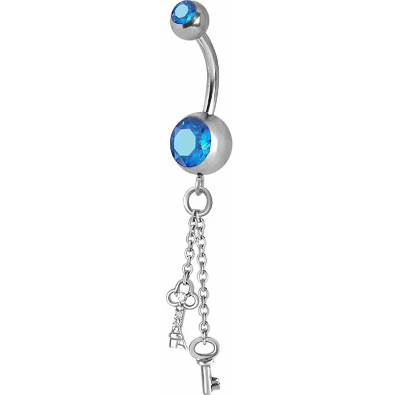 Piercing nombril Crystal Swarovski chaine clefs bleu clair
