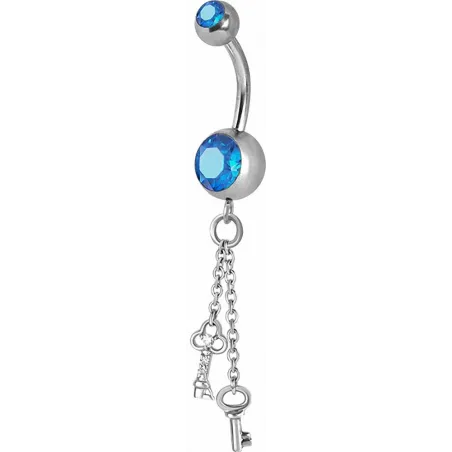 Piercing nombril Crystal Swarovski chaine clefs bleu clair