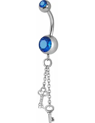 Piercing nombril Crystal Swarovski chaine clefs bleu
