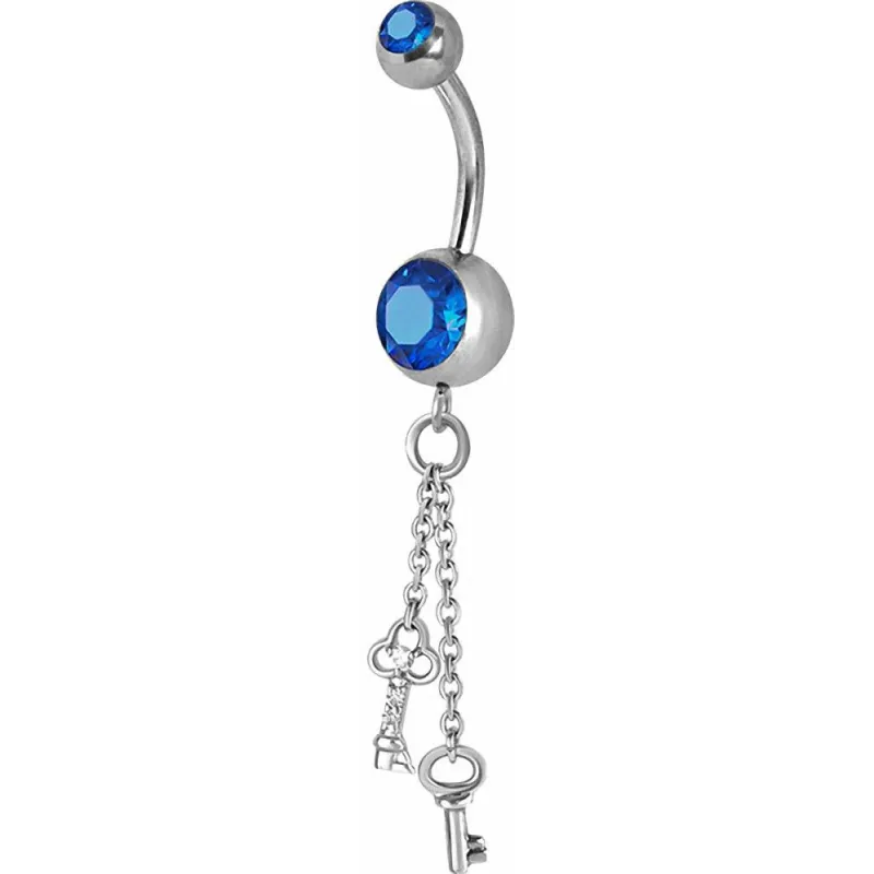 Piercing nombril Crystal Swarovski chaine clefs bleu
