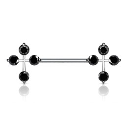 Piercing téton barbell croix gemmes noirs