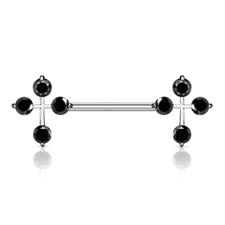 Piercing téton barbell croix gemmes noirs