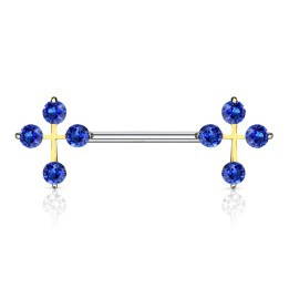 Piercing téton barbell croix gemmes bleus