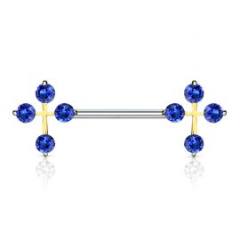 Piercing téton barbell croix gemmes bleus