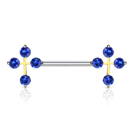 Piercing téton barbell croix gemmes bleus
