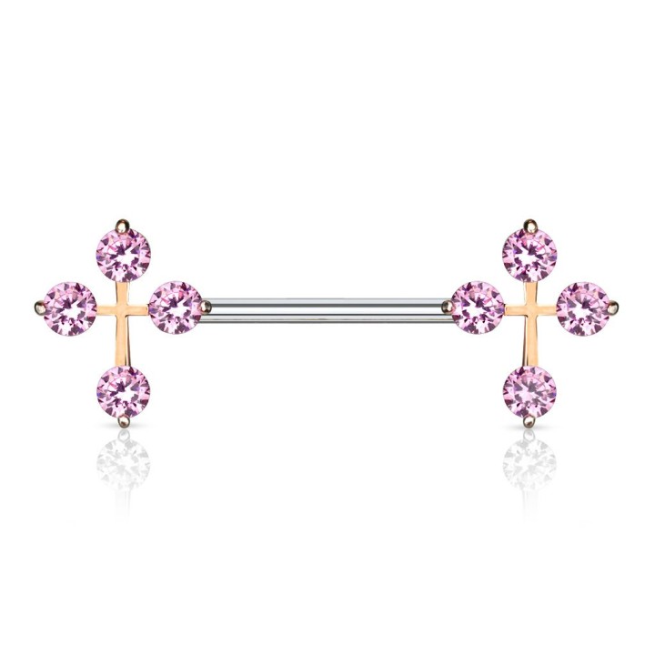 Piercing téton barbell croix gemmes roses