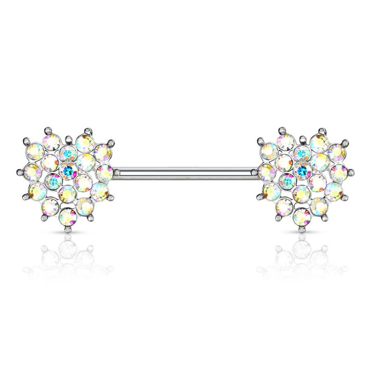 Piercing téton barbell coeurs cristaux aurore boréale
