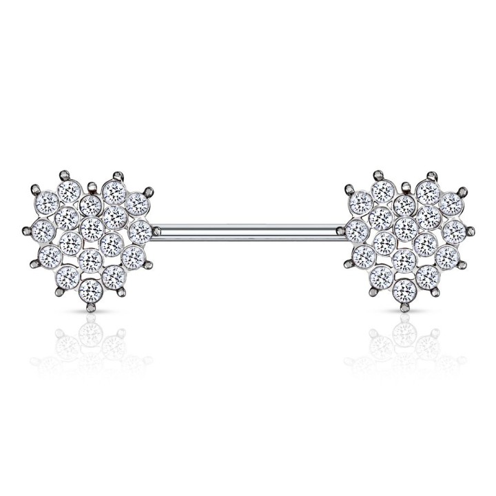 Piercing téton barbell coeurs cristaux blancs