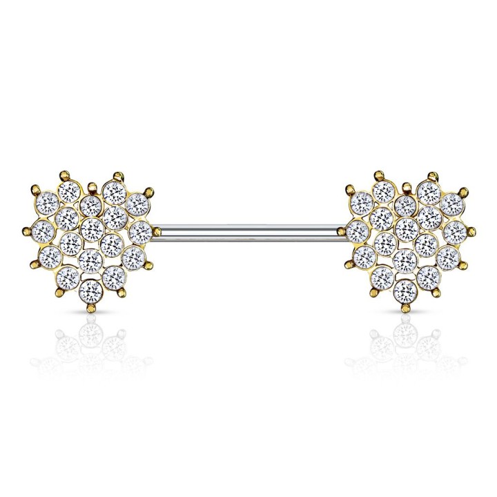 Piercing téton plaqué or coeurs cristaux blancs