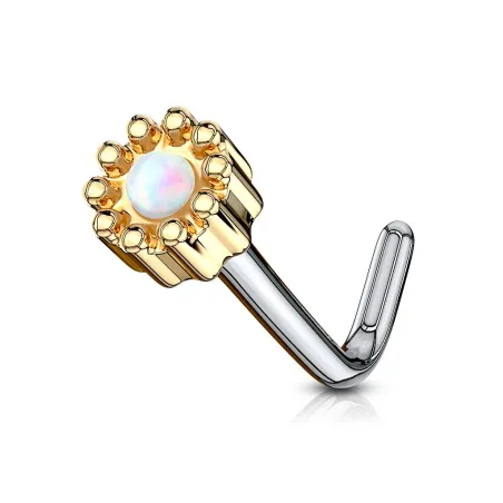 Piercing nez tige en L doré opale de synthèse blanche