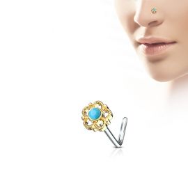 Piercing nez tige en L doré fleur filigrane turquoise