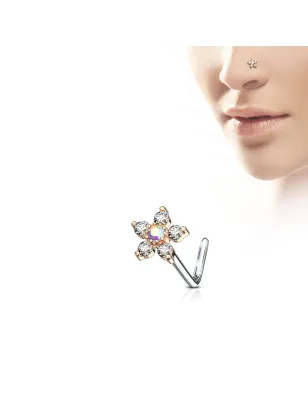 Piercing nez tige en L fleur 6 strass plaqué or rose