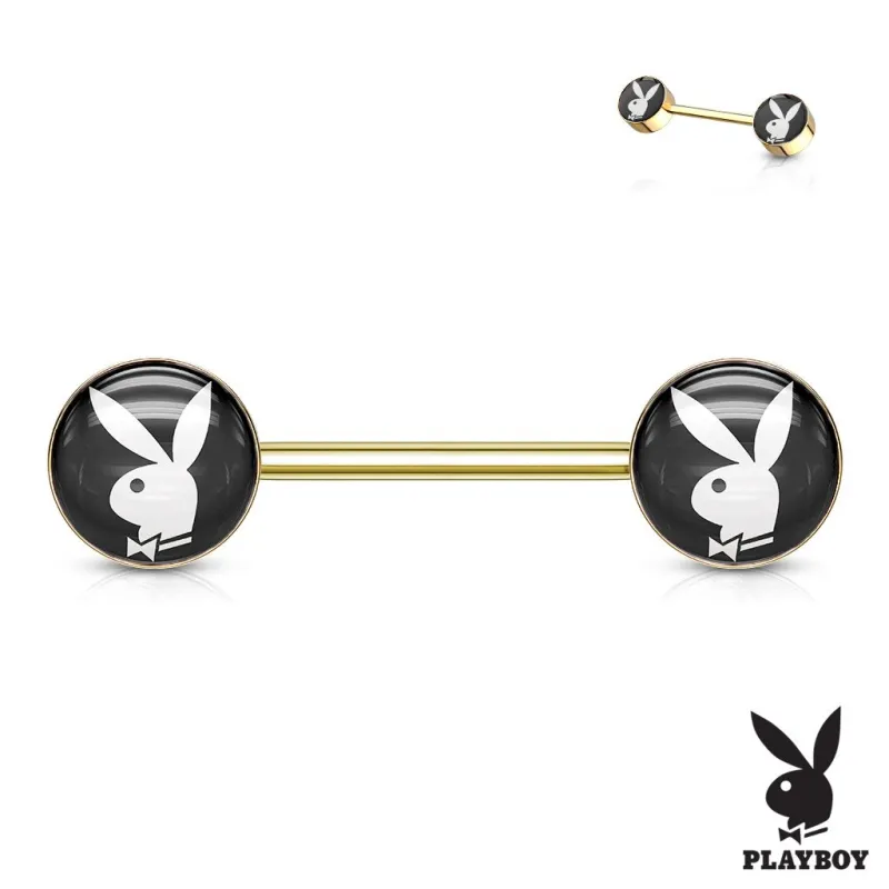 Piercing téton Playboy en acier doré lapin sur fond noir