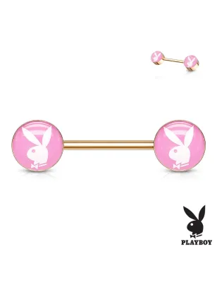 Piercing téton Playboy en acier rosé lapin sur fond rose