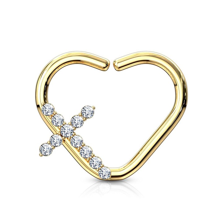 Piercing cartilage daith anneau coeur plaqué or croix