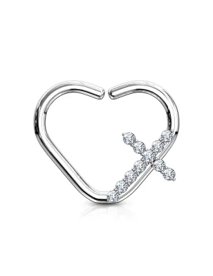 Piercing oreille cartilage daith anneau coeur argenté croix