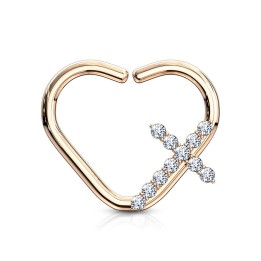 Piercing cartilage daith anneau coeur plaqué or rose croix