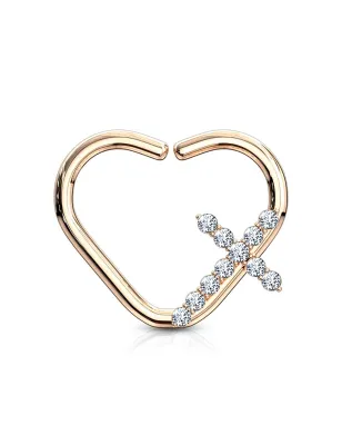 Piercing cartilage daith anneau coeur plaqué or rose croix