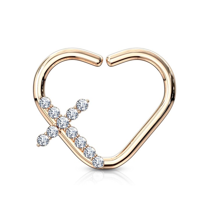 Piercing cartilage daith anneau coeur plaqué or rose croix