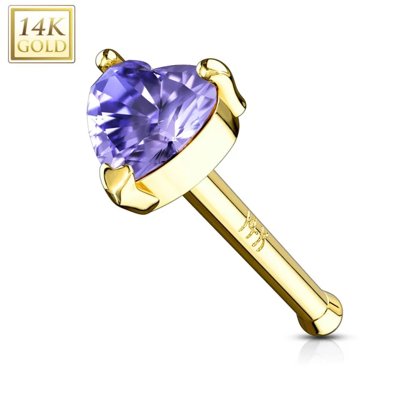 Piercing nez tige droite Or 14K Gemme Coeur