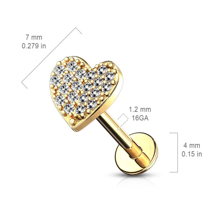 Piercing labret lèvre plaqué or coeur pavé de strass
