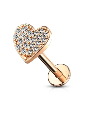 Piercing labret lèvre plaqué or rose coeur pavé de strass