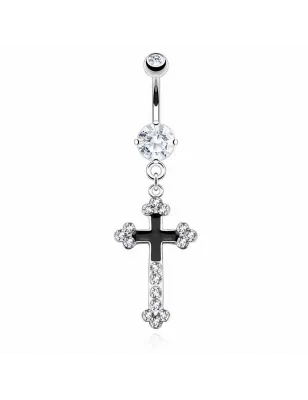 Piercing nombril croix pavée noire et blanche
