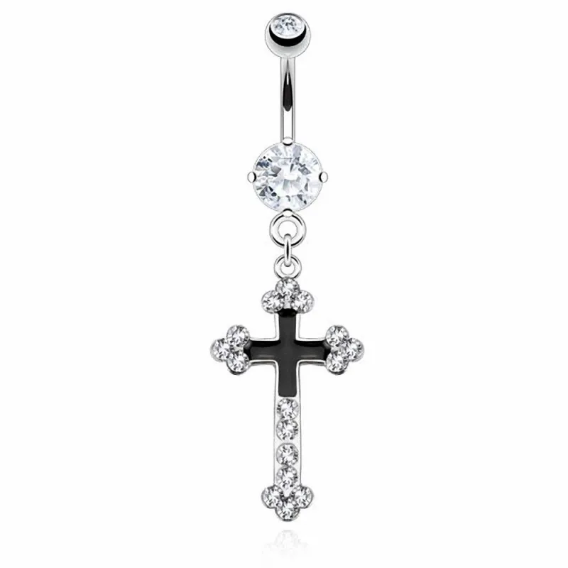 Piercing nombril croix pavée noire et blanche