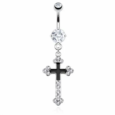Piercing nombril croix pavée noire et blanche